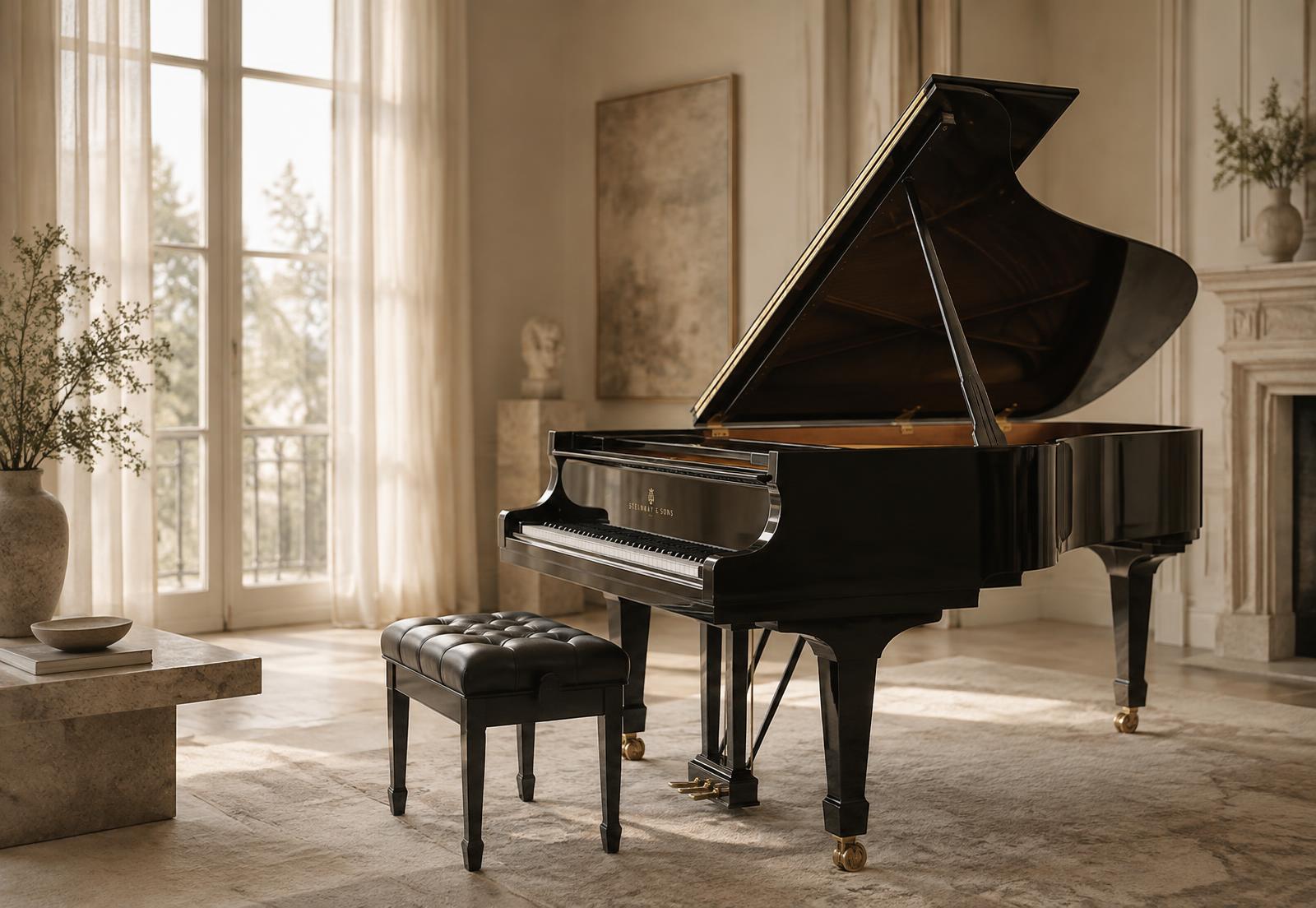 Grand piano in a calm, light-filled room prepared for a private piano lesson