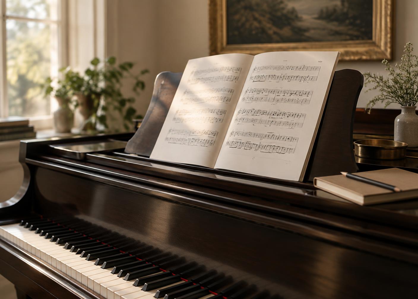 Open sheet music on a piano music desk beside a notebook and pencil